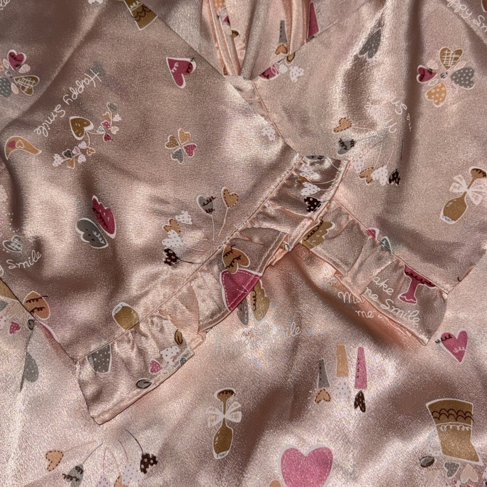 CARINA Womens Pink Heart 2pc Top & Bottom Pajama Set Ruffle Satin Valentines SzM - Picture 4 of 8